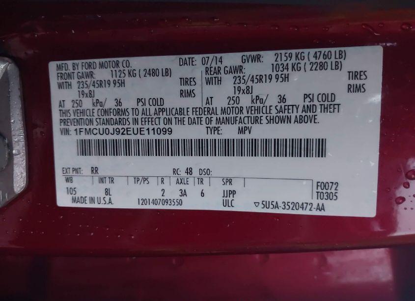 Photo 9 of 2014 Ford Escape TITANIUM (VIN 1FMCU0J92EUE11099)