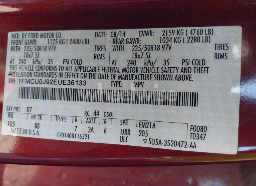 Photo 9 of 2014 Ford Escape TITANIUM (VIN 1FMCU0J92EUE36133)