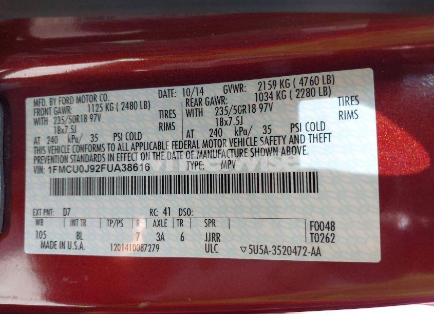 Photo 9 of 2015 Ford Escape TITANIUM (VIN 1FMCU0J92FUA38616)