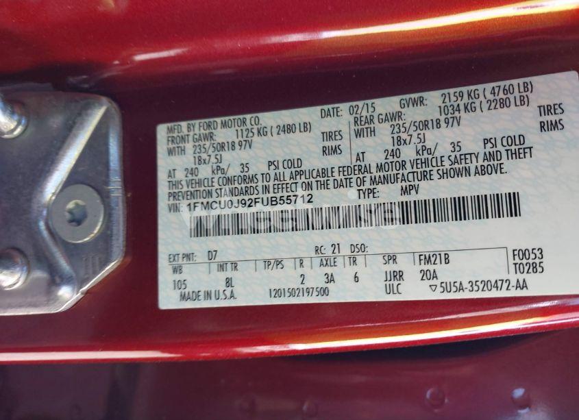 Photo 9 of 2015 Ford Escape TITANIUM (VIN 1FMCU0J92FUB55712)