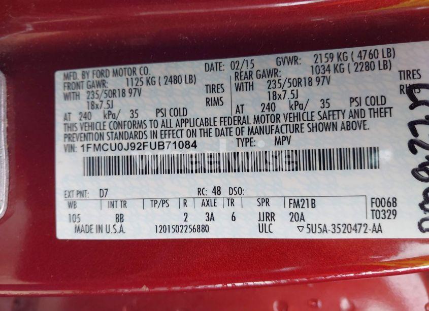 Photo 9 of 2015 Ford Escape TITANIUM (VIN 1FMCU0J92FUB71084)