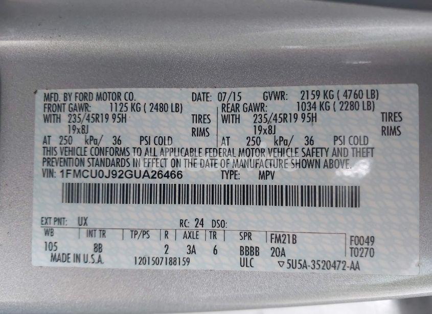 Photo 9 of 2016 Ford Escape TITANIUM (VIN 1FMCU0J92GUA26466)