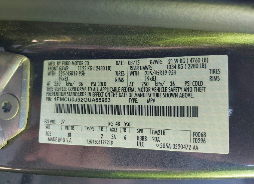 Photo 9 of 2016 Ford Escape TITANIUM (VIN 1FMCU0J92GUA65963)