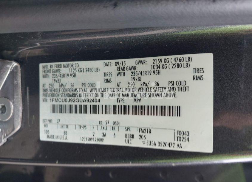 Photo 9 of 2016 Ford Escape TITANIUM (VIN 1FMCU0J92GUA92404)