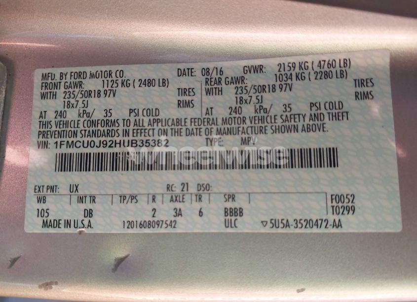 Photo 9 of 2017 Ford Escape TITANIUM (VIN 1FMCU0J92HUB35382)