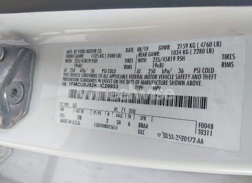 Photo 9 of 2019 Ford Escape TITANIUM (VIN 1FMCU0J92KUC29933)