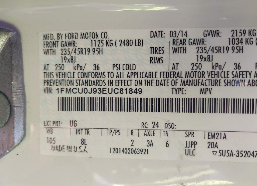 Photo 9 of 2014 Ford Escape TITANIUM (VIN 1FMCU0J93EUC81849)