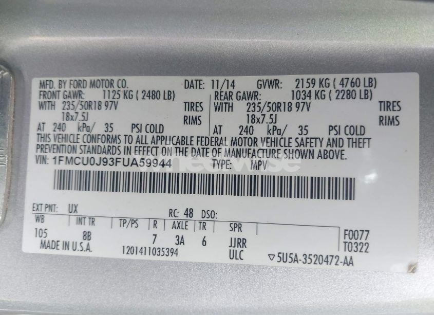 Photo 9 of 2015 Ford Escape TITANIUM (VIN 1FMCU0J93FUA59944)