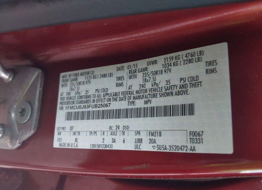 Photo 9 of 2015 Ford Escape TITANIUM (VIN 1FMCU0J93FUB25067)