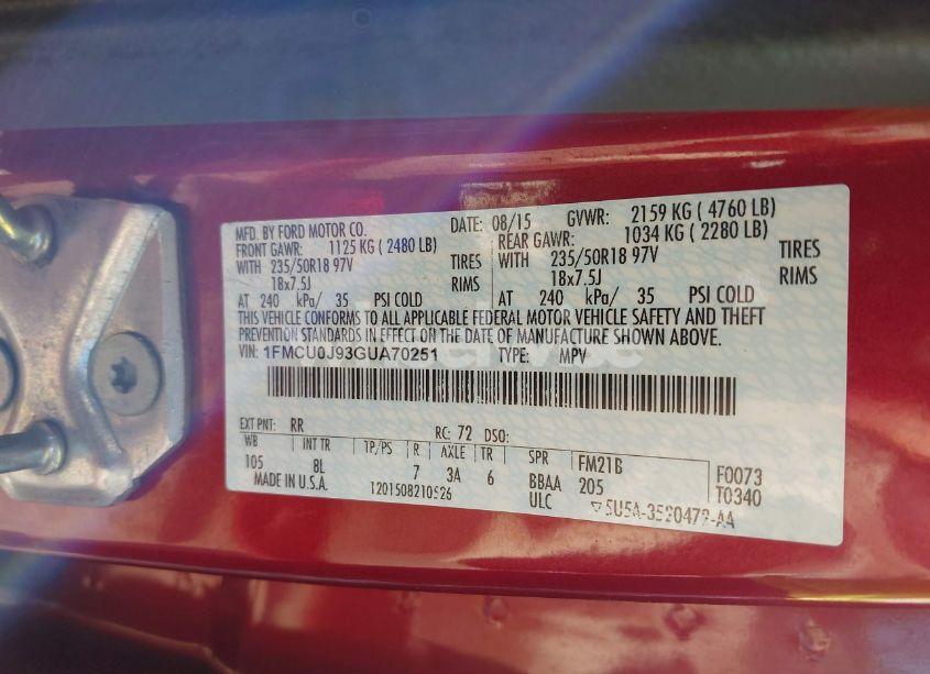 Photo 9 of 2016 Ford Escape TITANIUM (VIN 1FMCU0J93GUA70251)