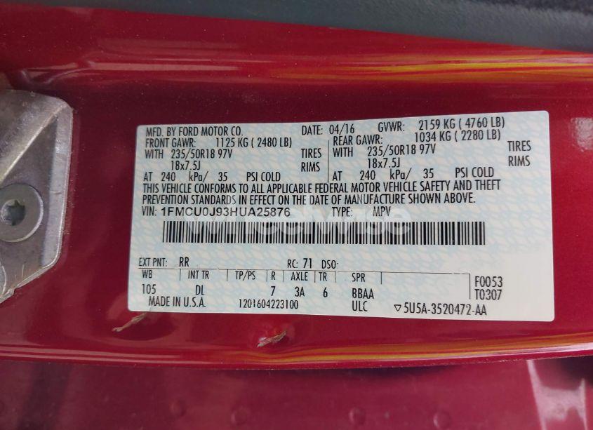 Photo 9 of 2017 Ford Escape TITANIUM (VIN 1FMCU0J93HUA25876)