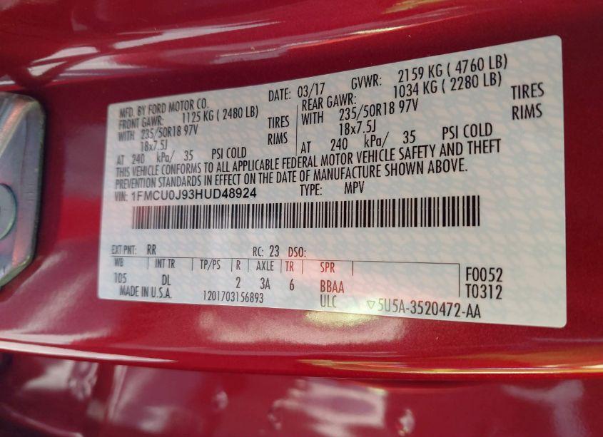 Photo 9 of 2017 Ford Escape TITANIUM (VIN 1FMCU0J93HUD48924)