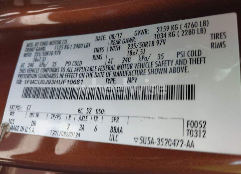 Photo 9 of 2017 Ford Escape TITANIUM (VIN 1FMCU0J93HUF10681)