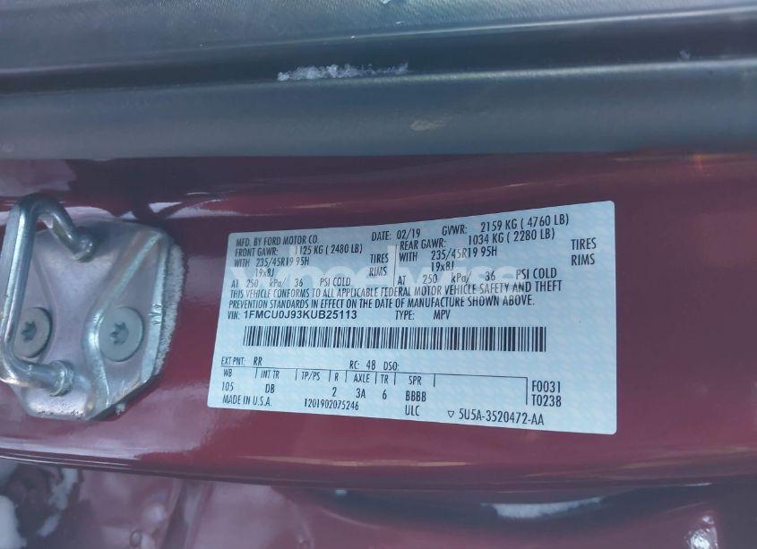 Photo 9 of 2019 Ford Escape TITANIUM (VIN 1FMCU0J93KUB25113)