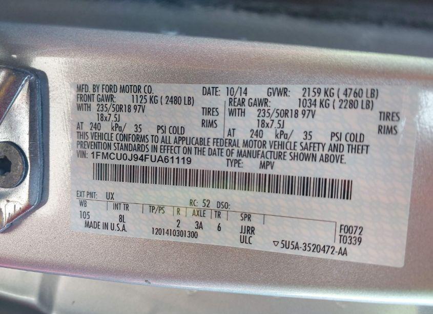 Photo 8 of 2015 Ford Escape TITANIUM (VIN 1FMCU0J94FUA61119)