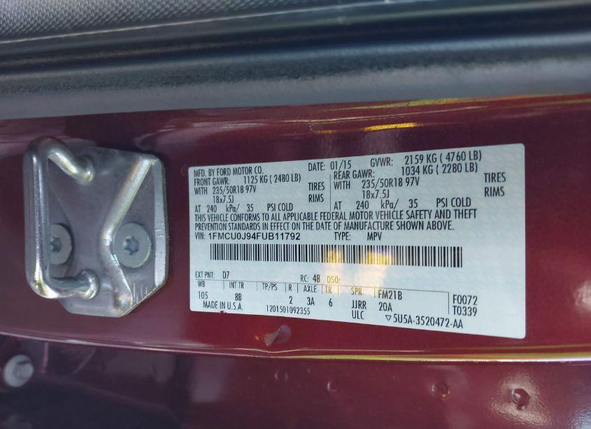 Photo 9 of 2015 Ford Escape TITANIUM (VIN 1FMCU0J94FUB11792)