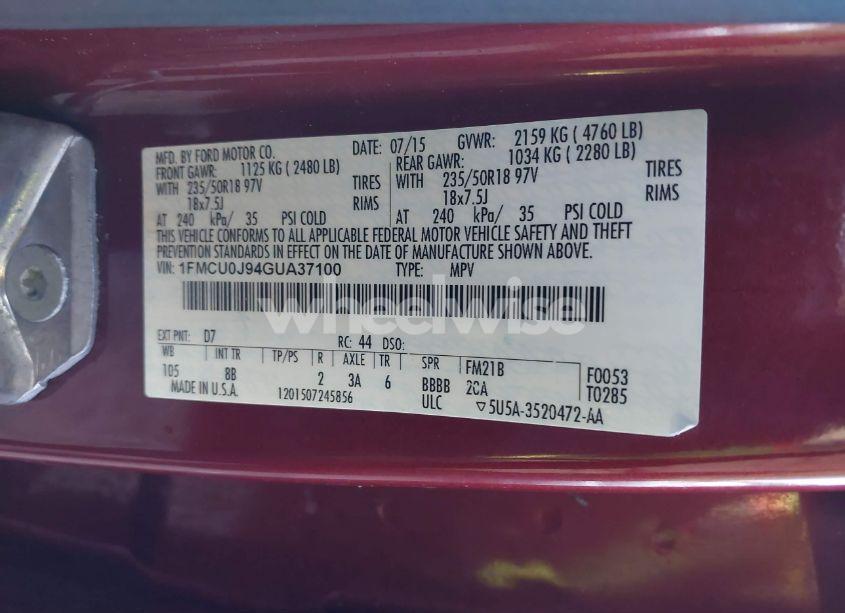 Photo 9 of 2016 Ford Escape TITANIUM (VIN 1FMCU0J94GUA37100)