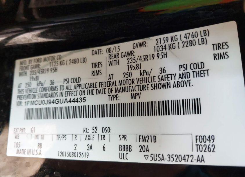 Photo 9 of 2016 Ford Escape TITANIUM (VIN 1FMCU0J94GUA44435)