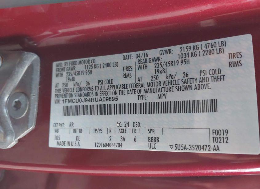 Photo 9 of 2017 Ford Escape TITANIUM (VIN 1FMCU0J94HUA09895)