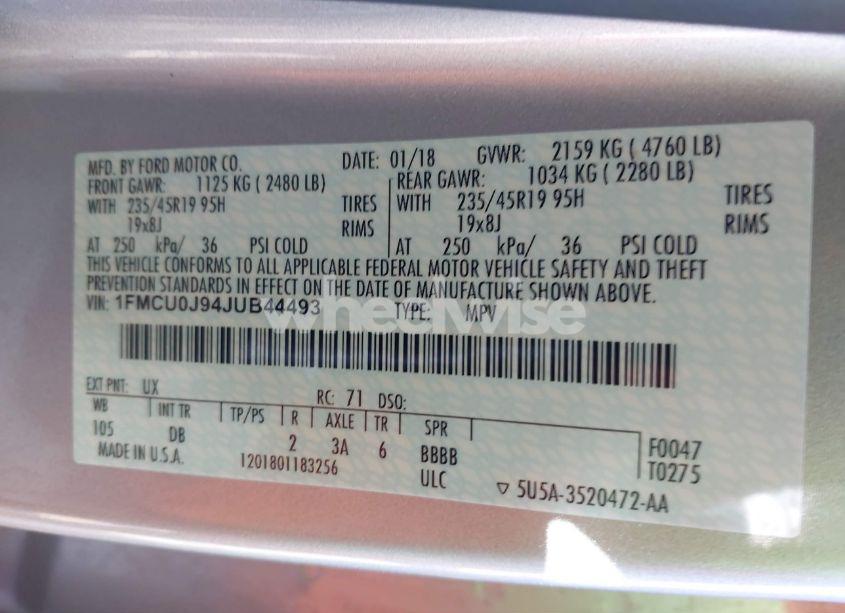 Photo 9 of 2018 Ford Escape TITANIUM (VIN 1FMCU0J94JUB44493)