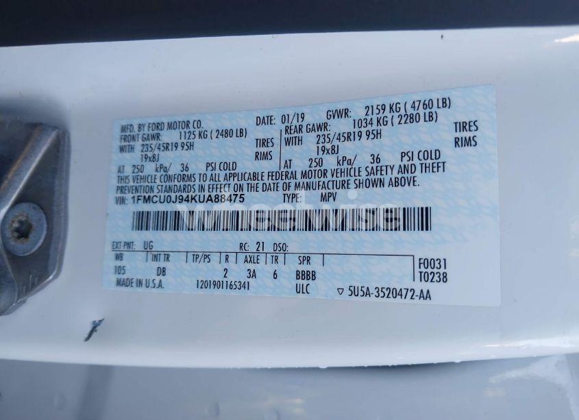 Photo 9 of 2019 Ford Escape TITANIUM (VIN 1FMCU0J94KUA88475)