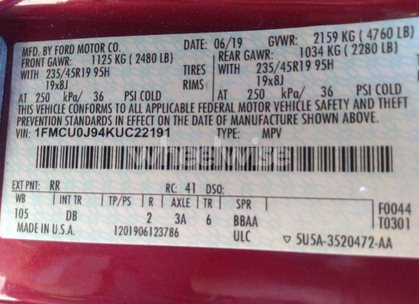 Photo 9 of 2019 Ford Escape TITANIUM (VIN 1FMCU0J94KUC22191)