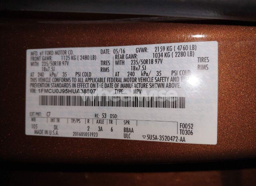 Photo 9 of 2017 Ford Escape TITANIUM (VIN 1FMCU0J95HUA38807)