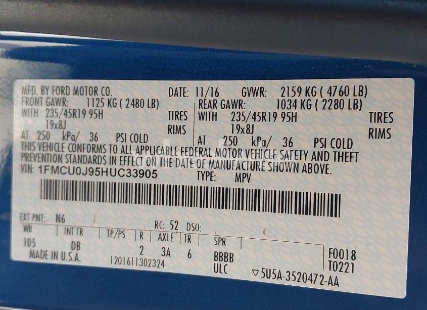 Photo 9 of 2017 Ford Escape TITANIUM (VIN 1FMCU0J95HUC33905)