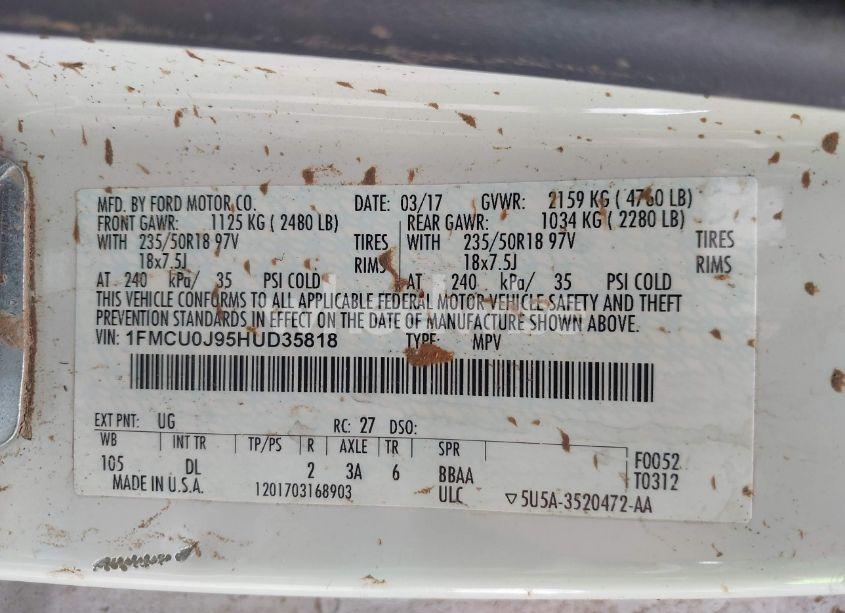 Photo 9 of 2017 Ford Escape TITANIUM (VIN 1FMCU0J95HUD35818)