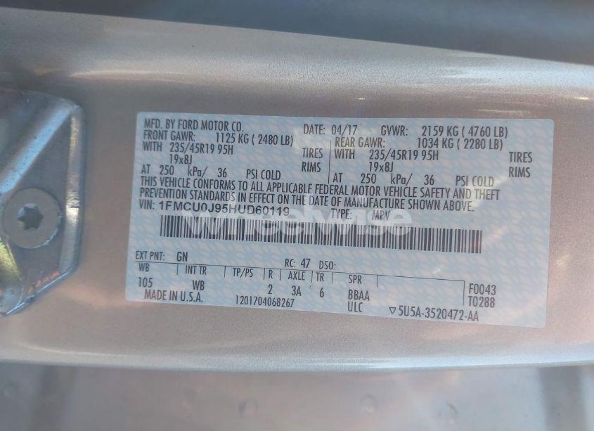 Photo 9 of 2017 Ford Escape TITANIUM (VIN 1FMCU0J95HUD60119)