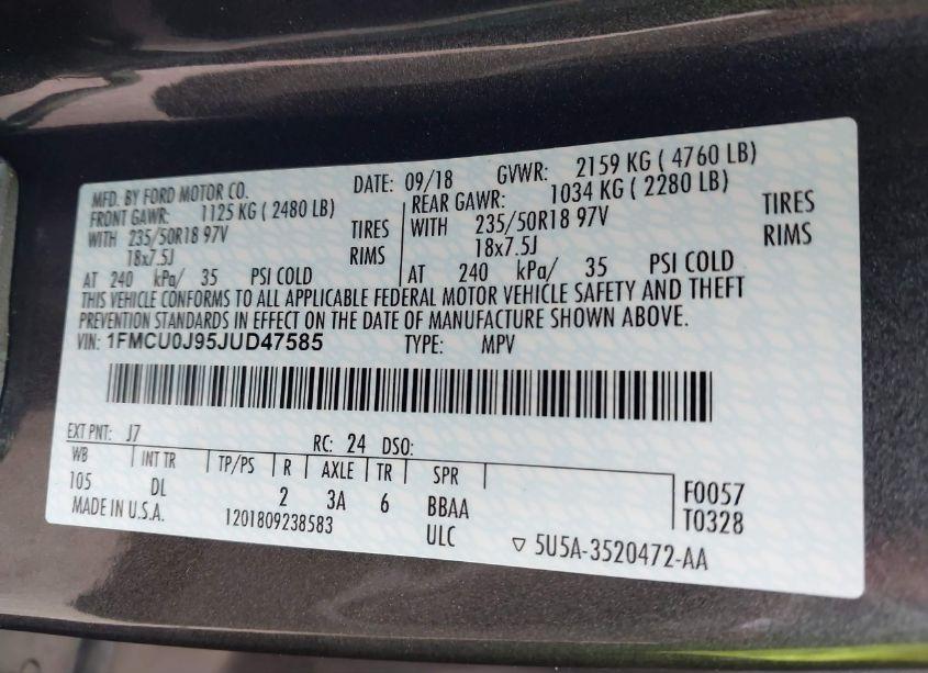 Photo 9 of 2018 Ford Escape TITANIUM (VIN 1FMCU0J95JUD47585)