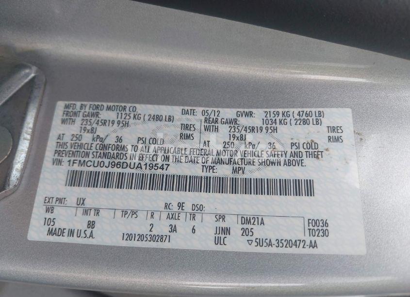 Photo 9 of 2013 Ford Escape TITANIUM (VIN 1FMCU0J96DUA19547)