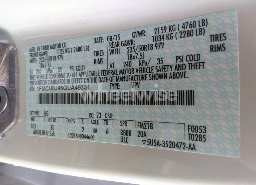 Photo 9 of 2016 Ford Escape TITANIUM (VIN 1FMCU0J96GUA49331)