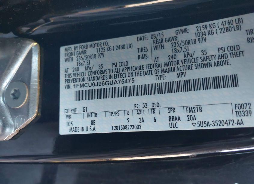 Photo 9 of 2016 Ford Escape TITANIUM (VIN 1FMCU0J96GUA75475)