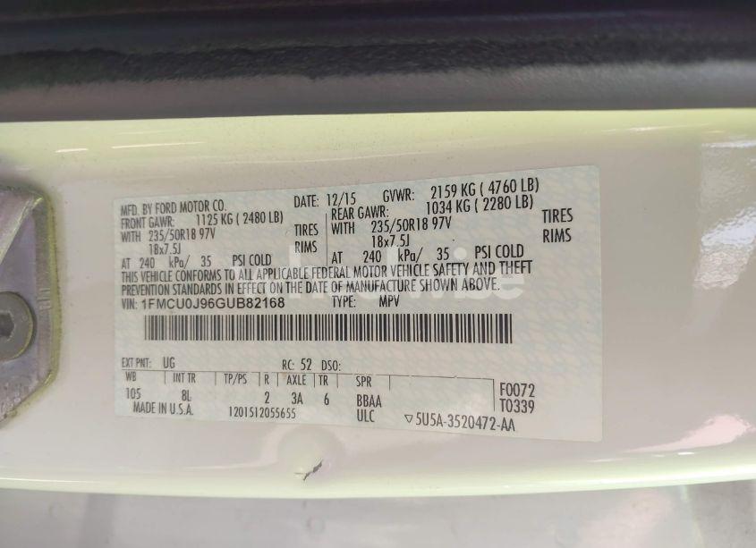 Photo 9 of 2016 Ford Escape TITANIUM (VIN 1FMCU0J96GUB82168)