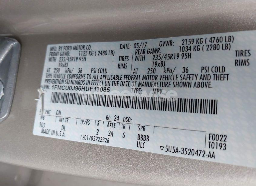 Photo 9 of 2017 Ford Escape TITANIUM (VIN 1FMCU0J96HUE13085)