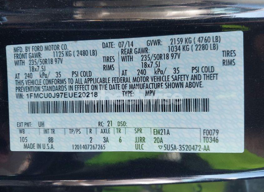 Photo 9 of 2014 Ford Escape TITANIUM (VIN 1FMCU0J97EUE20218)