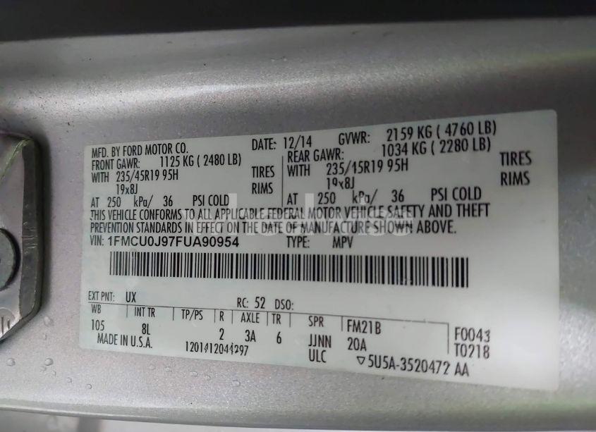 Photo 9 of 2015 Ford Escape TITANIUM (VIN 1FMCU0J97FUA90954)