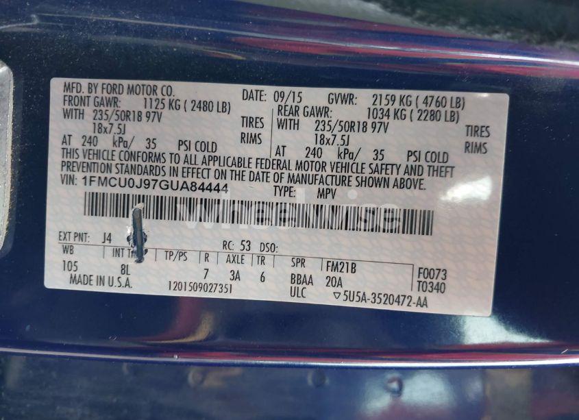 Photo 9 of 2016 Ford Escape TITANIUM (VIN 1FMCU0J97GUA84444)