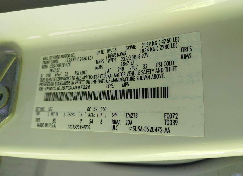 Photo 9 of 2016 Ford Escape TITANIUM (VIN 1FMCU0J97GUA97226)