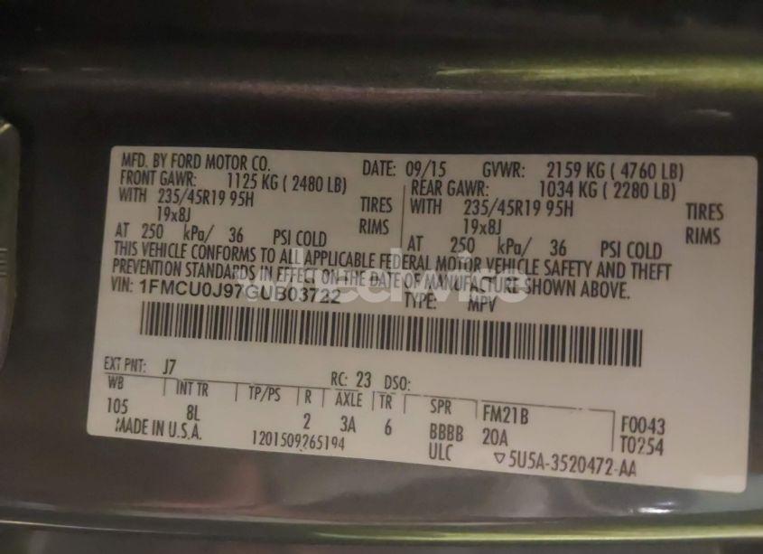 Photo 9 of 2016 Ford Escape TITANIUM (VIN 1FMCU0J97GUB03722)