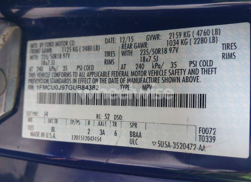 Photo 9 of 2016 Ford Escape TITANIUM (VIN 1FMCU0J97GUB84382)