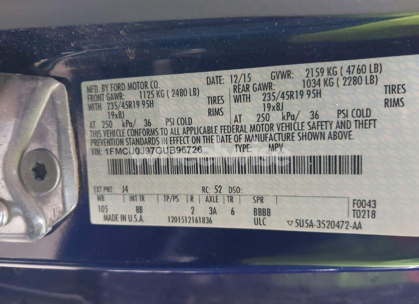 Photo 9 of 2016 Ford Escape TITANIUM (VIN 1FMCU0J97GUB96726)