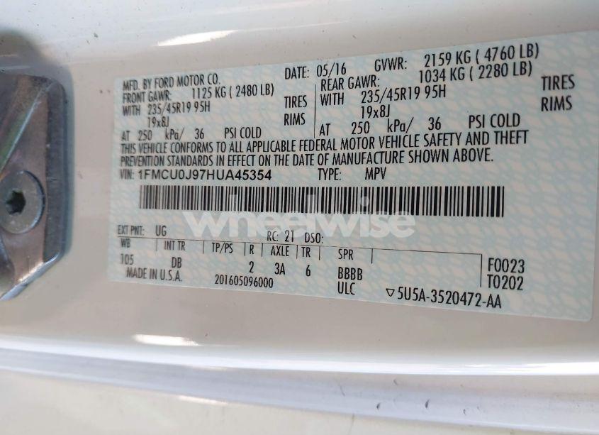 Photo 9 of 2017 Ford Escape TITANIUM (VIN 1FMCU0J97HUA45354)