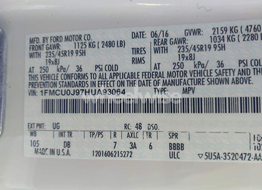 Photo 9 of 2017 Ford Escape TITANIUM (VIN 1FMCU0J97HUA93064)