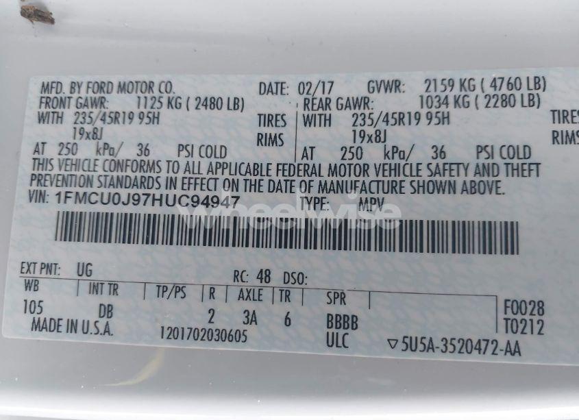 Photo 9 of 2017 Ford Escape TITANIUM (VIN 1FMCU0J97HUC94947)