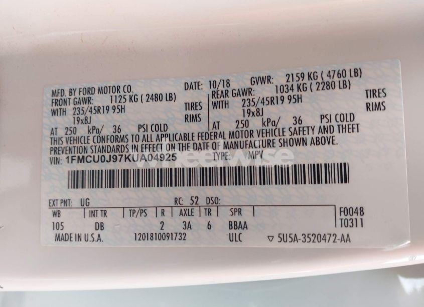 Photo 9 of 2019 Ford Escape TITANIUM (VIN 1FMCU0J97KUA04925)