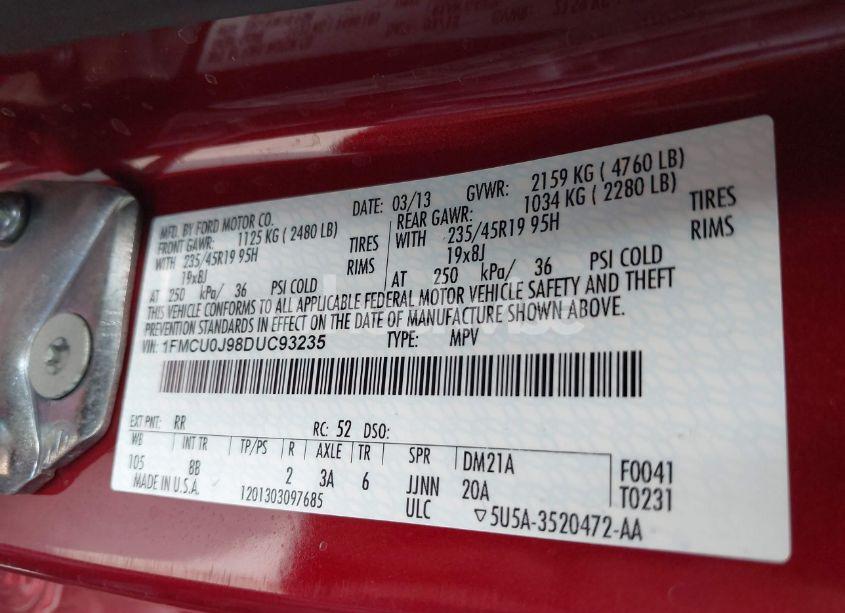 Photo 9 of 2013 Ford Escape TITANIUM (VIN 1FMCU0J98DUC93235)