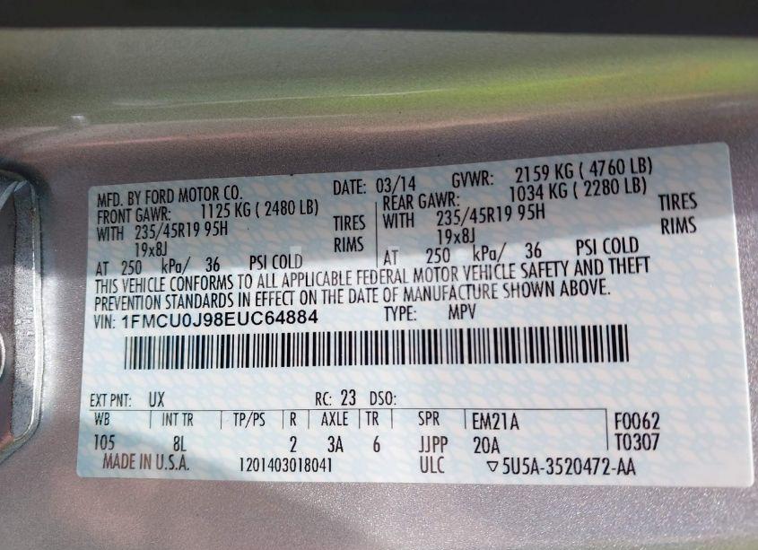 Photo 9 of 2014 Ford Escape TITANIUM (VIN 1FMCU0J98EUC64884)