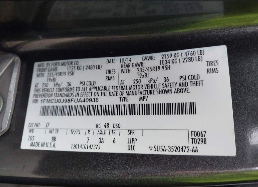 Photo 9 of 2015 Ford Escape TITANIUM (VIN 1FMCU0J98FUA40936)